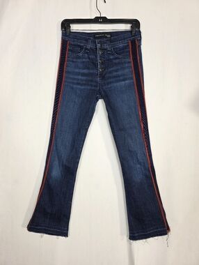 Veronica Beard Carolyn Babyboot 10" with Red Side Stripe denim jeans raw hem